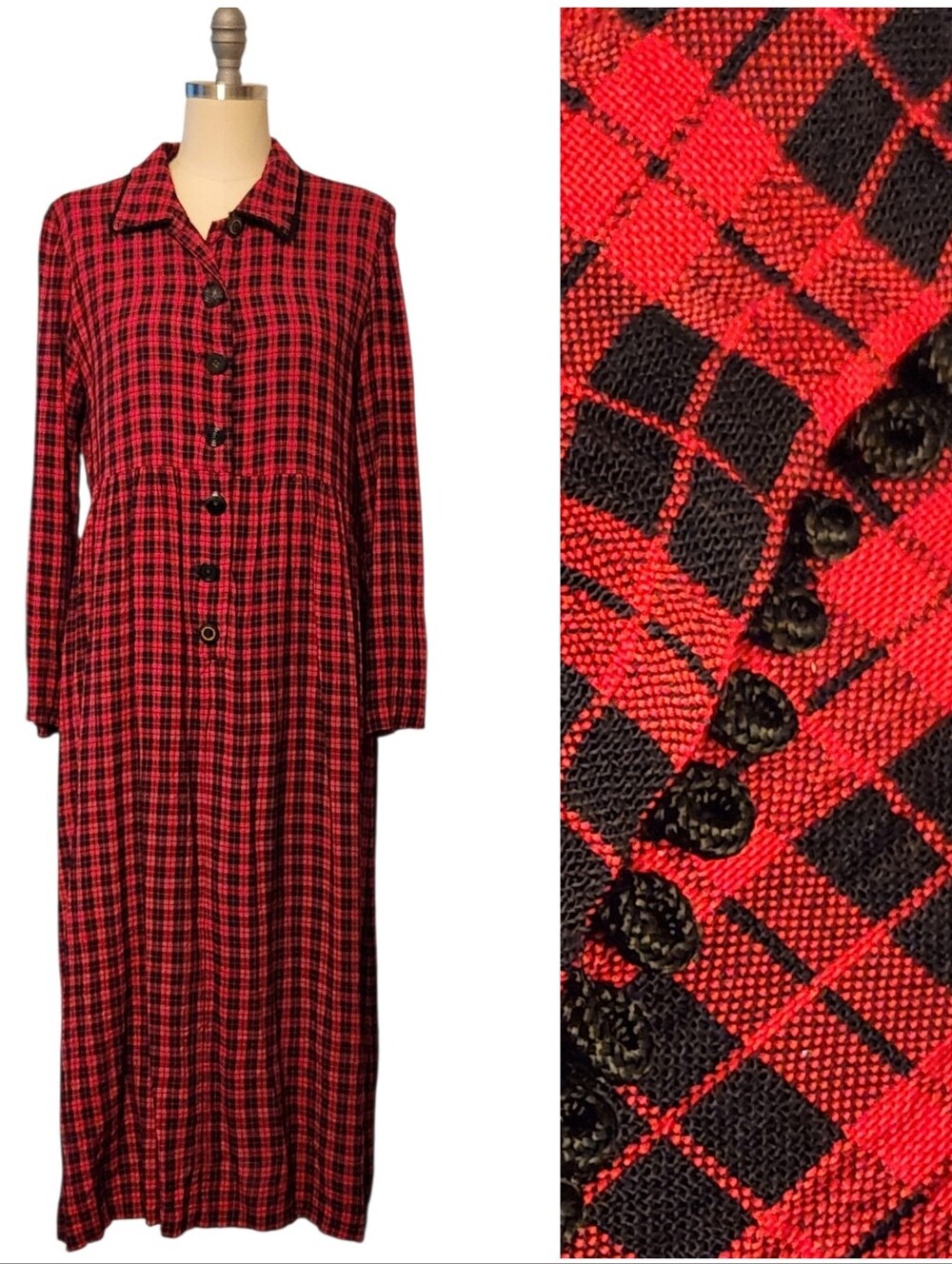 Jessica Howard Buffalo Check Plaid Midi Dress Grunge Cottagecore Button Down 6 S